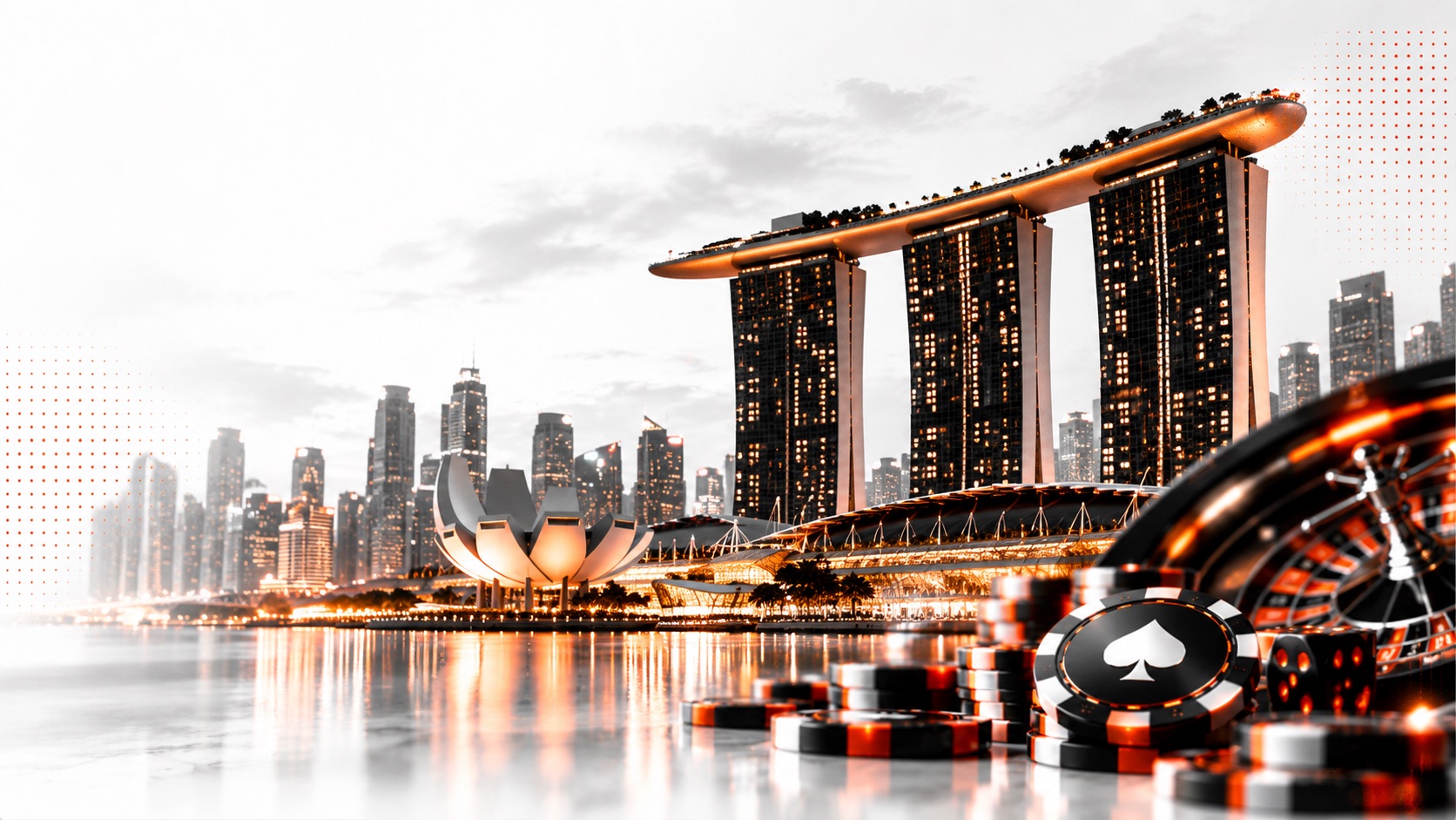 Marina Bay Sands and the Singapore skyline at dusk, with poker chips and a roulette wheel in the foreground