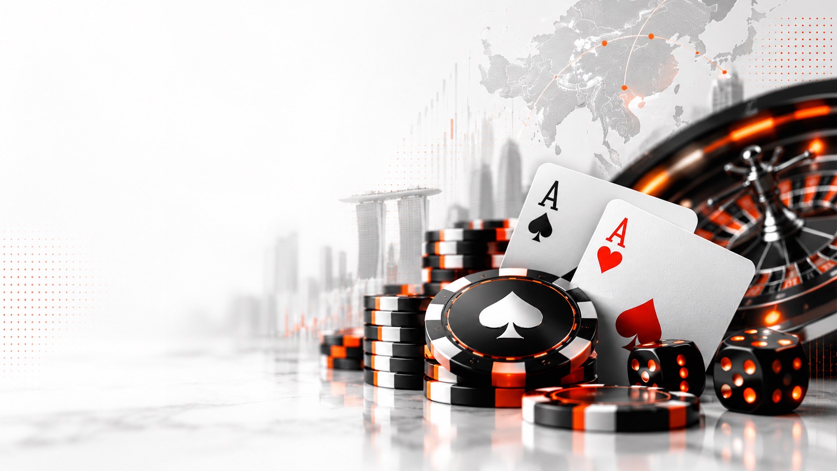 Poker chips, playing cards, dice, and a roulette wheel with a world map and Asia skyline overlay